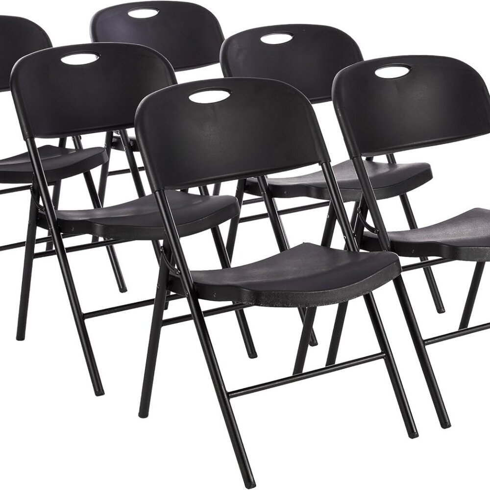 Sturdy Foldable Plastic Chair, Portable, 350-Pound Capacity, Black, 6-Pack
